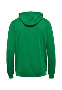 Grøn hættetrøje med en glat tekstur, der har en kengurulomme og ribbede manchetter. Bagsiden viser et sømløst design.