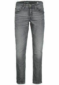 Vaqueros de mezclilla gris con un corte recto, que cuentan con cinco bolsillos, un cierre de cremallera y un lavado descolorido. La tela tiene una textura suave y un detalle mínimo.