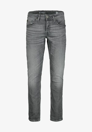 Jeans en denim gris avec une coupe droite, comportant cinq poches, une fermeture éclair et un effet délavé. Le tissu a une texture lisse et un minimalisme dans les détails.