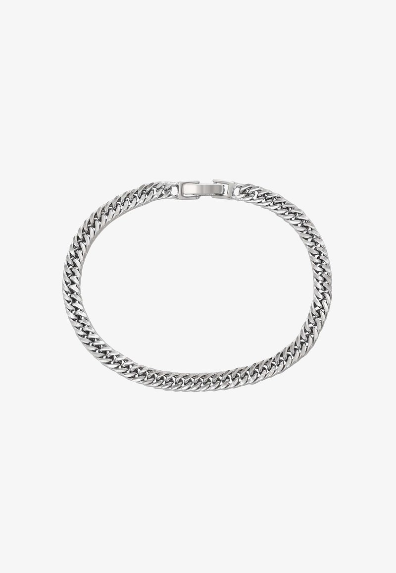 Ezüst színű lánc karkötő, összekapcsolt szemekkel, sima, fényes felülettel és biztonságos zárómechanizmussal.