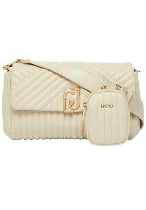 Kremowa pikowana skórzana torebka na ramię z złotym zapięciem, odpinanym szerokim paskiem oraz małą dopasowaną saszetką na zamek z logo LIU JO.