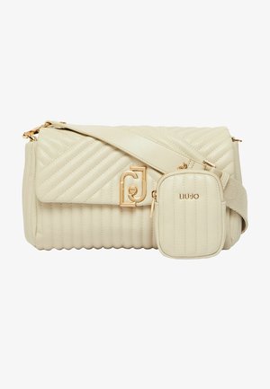 Roomwitte gewatteerde leren schoudertas met gouden gesp, afneembare brede band en een klein bijpassend ritsvakje met LIU JO-logo.