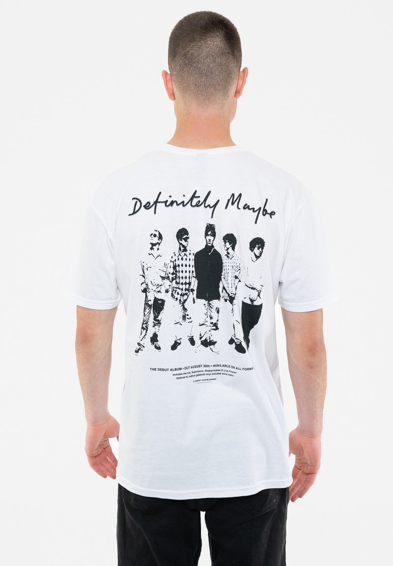 White cotton t-shirt featuring a black graphic of five figures on the back with the text “Definitely Maybe” above and album details below.