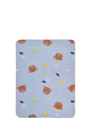 Light blue baby blanket with scattered brown bear faces, small white and blue clouds, and colorful rainbows.