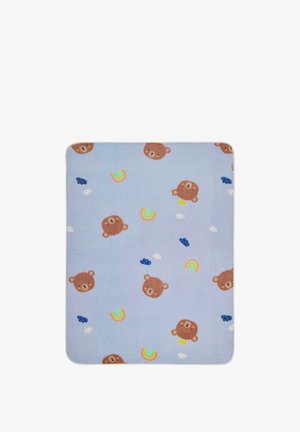 Light blue baby blanket with scattered brown bear faces, small white and blue clouds, and colorful rainbows.
