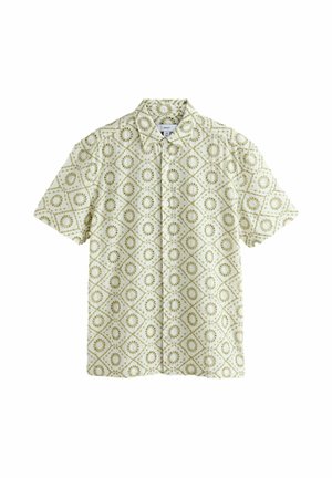 Rövid ujjú, gombos ing zöld és fehér geometrikus gyémánt- és körmintával.