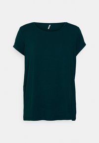 Ciemnozielony bawełniany T-shirt z krótkim rękawem, okrągłym dekoltem i luźnym krojem. Gładka faktura, bez widocznych wzorów ani akcentów.