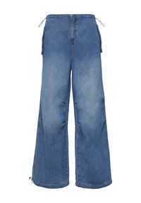 Wijduitlopende jeans in een lichtblauwe wassing, met een elastische taille, zijzakken en ritsaccenten aan de zoom. Glad oppervlak.