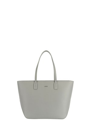 Borsa tote in pelle grigia con due manici, forma strutturata e texture liscia. Presenta un piccolo logo posizionato centralmente nella parte anteriore.