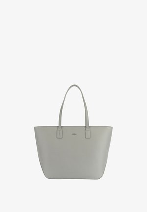 Grijze leren totebag met twee handvatten, een gestructureerde vorm en een gladde textuur. Voorzien van een klein logo dat centraal op de voorkant is geplaatst.