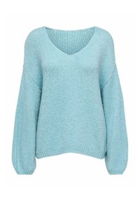 Maglione azzurro chiaro lavorato a maglia con ampio scollo a V, spalle scese e maniche a palloncino. Tessuto morbido e vestibilità rilassata.