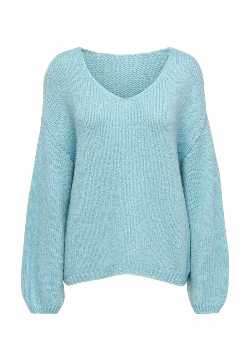 Maglione azzurro chiaro lavorato a maglia con ampio scollo a V, spalle scese e maniche a palloncino. Tessuto morbido e vestibilità rilassata.