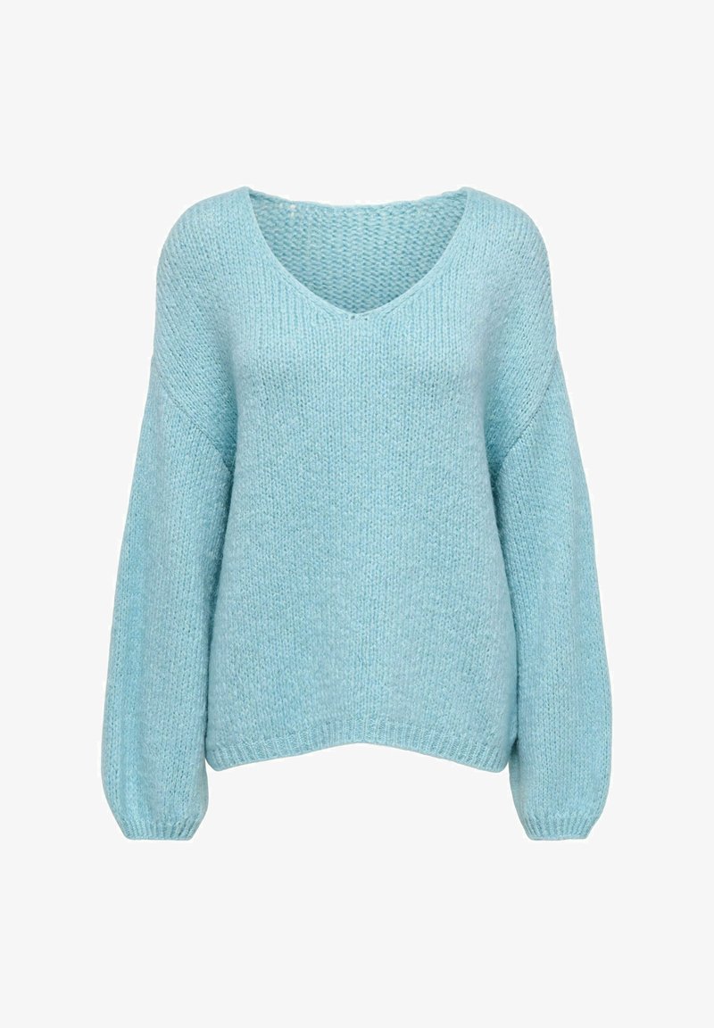 Maglione azzurro chiaro lavorato a maglia con ampio scollo a V, spalle scese e maniche a palloncino. Tessuto morbido e vestibilità rilassata.