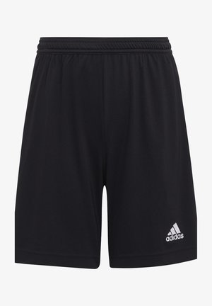 Shorts de sport noirs avec une taille élastique, fabriqués en tissu léger, arborant un logo Adidas blanc en bas à droite.