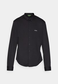 Schwarzes Langarmshirt aus glattem Stoff. Verfügt über einen Button-Down-Kragen, Knöpfe vorne und ein kleines "BOSS"-Logo auf der Brust.