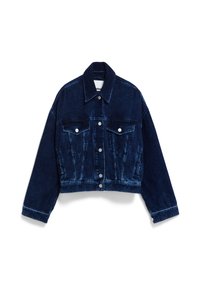 Giubbotto di jeans accorciato di colore blu scuro, con due tasche anteriori, finiture in argento e cuciture a contrasto. Tessuto testurizzato con colletto classico.