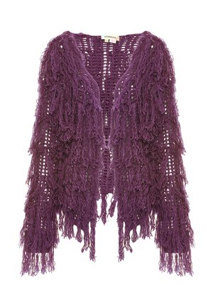 Purple fringed kimono-style cardigan featuring an open knit design and textured yarn. The fabric exhibits a layered, flowing appearance.
