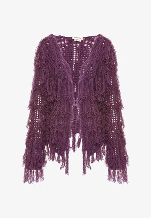 Cardigan in stile kimono con frange viola, caratterizzato da un design a maglia aperta e filo texturizzato. Il tessuto presenta un aspetto stratificato e fluente.