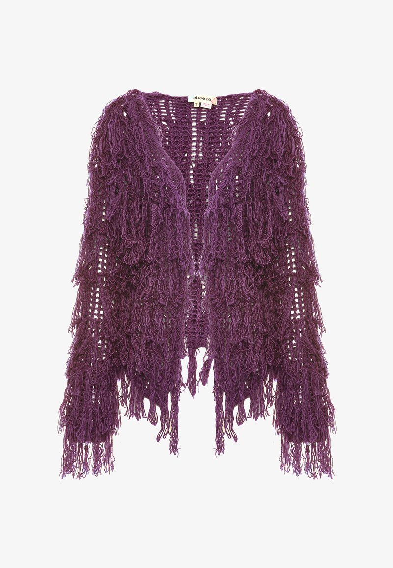 Lila fransad kimono-jacka med öppen stickning och texturerat garn. Tyget har ett lager på lager, flödande utseende.
