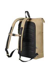 Beige rygsæk med sort polstret ryg og skulderstropper, der har en glat overflade og sidelomme med lynlås. Inkluderer et håndtag for bæring.