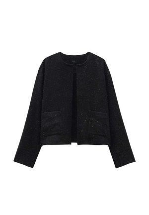 Black cropped cardigan with a textured finish, round neckline, open front, and two front pockets. Subtle metallic specks throughout the fabric.