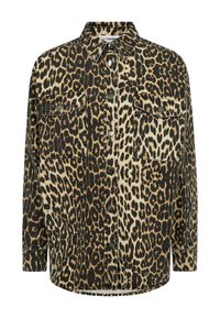 Camicia a stampa leopardata nei colori nero, marrone e crema, con chiusura a bottoni, due tasche sul petto e colletto. Vestibilità casual.