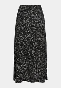 Černá midi sukně z jemné, splývavé látky s rozptýleným vzorem bílých puntíků a elastickým pasem pro pohodlí.