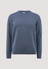 Marineblauer Pullover aus weichem Strickmaterial, mit Rundhalsausschnitt, langen Ärmeln und gerippten Bündchen und Saum.