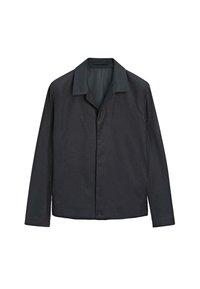 Giacca leggera grigio scuro con colletto, chiusura a bottoni e maniche lunghe. Tessuto liscio, design minimalista, senza motivi visibili.