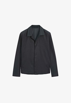Dark gray lightweight jacket with a collar, button closure, and long sleeves. Smooth texture, minimalist design, no visible patterns.