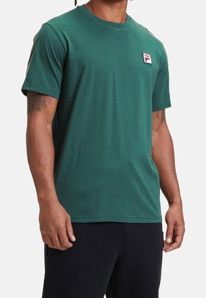 T-shirt verde in cotone con maniche corte, collo tondo e una piccola toppa con logo sul petto a sinistra. Tessuto liscio, vestibilità rilassata.