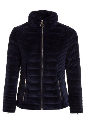 Giacca imbottita blu navy con cerniera frontale, collo alto, due tasche laterali con cerniera e cuciture orizzontali trapuntate.