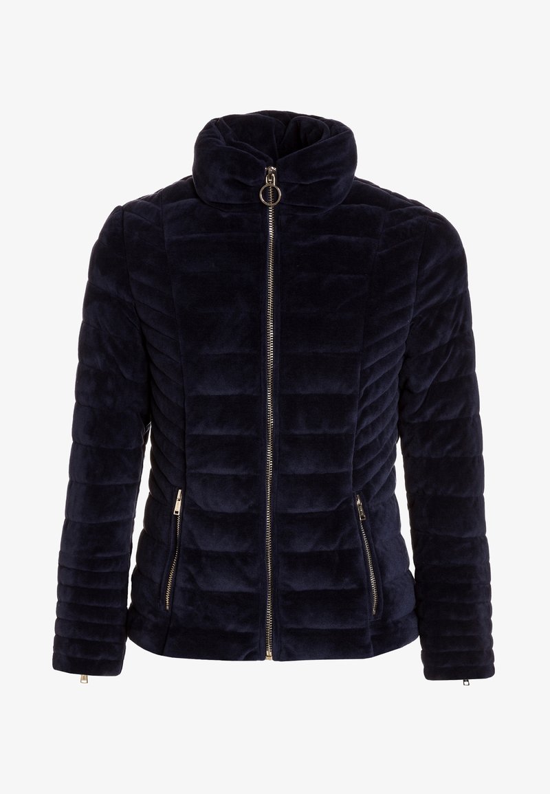 Veste matelassée bleu marine avec fermeture éclair à l'avant, col montant, deux poches latérales zippées et piqûres horizontales matelassées.