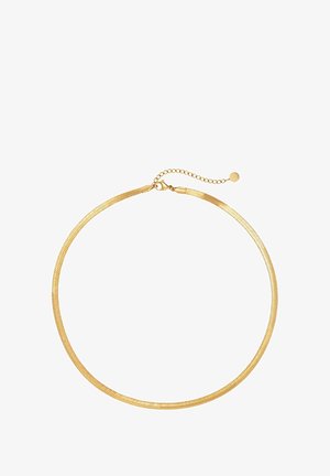 Collier chaîne motif chevrons ton or avec fermoir mousqueton et chaîne d'extension réglable terminée par un petit charm rond.