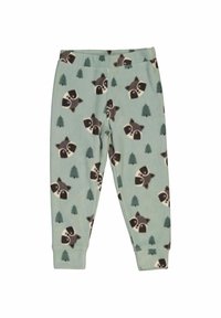 Weiche fleeceartige blau-grüne Hose mit einem bedruckten Muster aus Waschbären und Kiefern. Verfügt über einen elastischen Bund und schmal zulaufende Bündchen.
