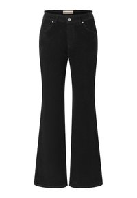 Black corduroy flared pants featuring a smooth texture, five-pocket design, front button closure, and stitched detailing along the legs.