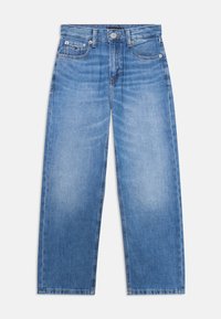 Lyseblå denimjeans med bred benpassform, fem lommer, knappestenging og subtil slitasje. Har en sydd midjebånd og sømmer.
