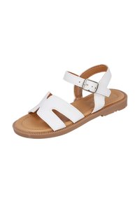 Sandalias de cuero blanco con diseño de punta abierta, dos correas anchas con recortes, una correa en el tobillo con hebilla y una suela de goma marrón.