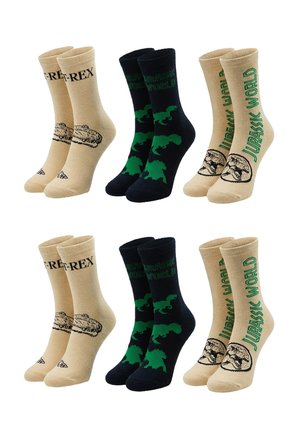 Sześć par beżowo-czarnych skarpetek z motywami Jurassic World, przedstawiających dinozaury, hełmy oraz napisy w kolorze zielonym i czarnym.