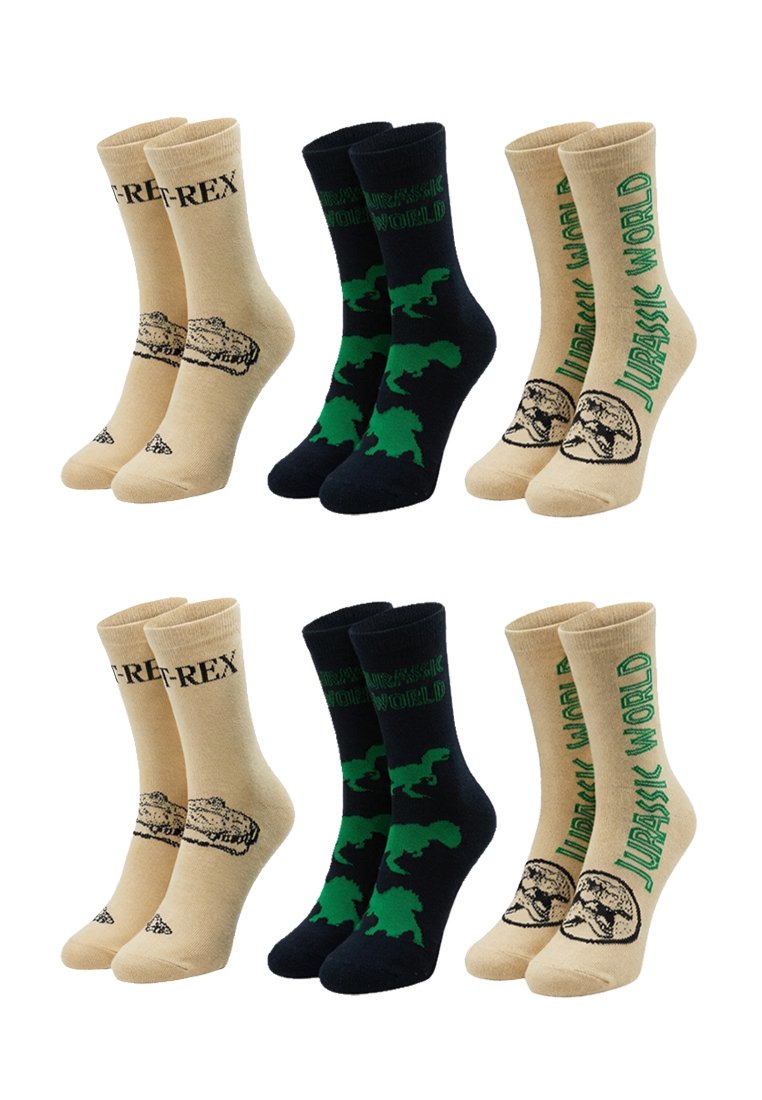Sechs Paar beige und schwarze Socken mit Jurassic World-Designs, die Dinosaurier, Helme und Text in Grün und Schwarz zeigen.