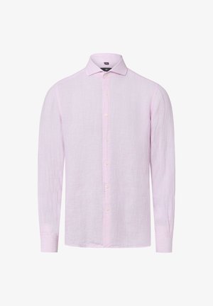 Hellrosa langärmliges Hemd mit Knöpfen, klassischem Kragen und dezentem Strukturmuster, dargestellt vor weißem Hintergrund.