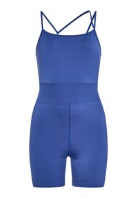 Body blu senza maniche con spalline incrociate, texture liscia, design aderente e fondo in stile pantaloncini. Tessuto elasticizzato per il comfort.