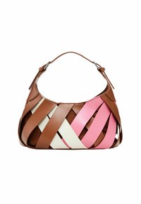 Brown leather bag featuring woven design with pink and white accents. Curved shape, short strap, and metal buckle detail.