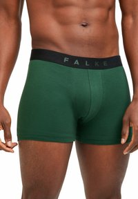 Grüne Boxer-Shorts aus weichem Material mit einem schwarzen Bund, auf dem das Wort "FALKE" in grüner Schrift eingeprägt ist.