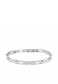 Bracciale in argento con maglie intrecciate. Presenta un accento dorato al centro. Finitura in metallo liscia e lucida. Chiusura a scatto nascosta.