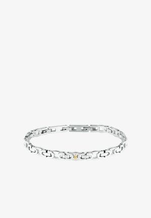 Silberne Kettenarmband mit ineinander greifenden Gliedern. Mit einem goldenen Akzent in der Mitte. Glatte, polierte Metalloberfläche. Versteckter Verschluss.