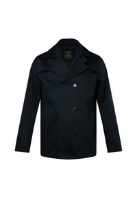 Abrigo de marinero azul marino de doble botonadura con grandes botones, cuello puntiagudo y bolsillos laterales, fabricado con una tela suave y duradera.