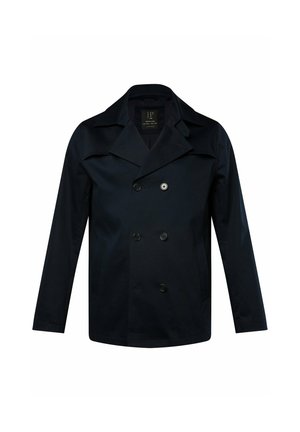 Navy modrý dvouřadý kabát peacoat s velkými knoflíky, špičatým límcem a postranními kapsami, vyrobený z hladké a odolné tkaniny.