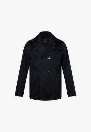 Marineblå dobbeltradet peacoat med store knapper, spidse krave og sidelommer, lavet af glat, holdbart stof.