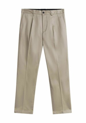 Beige bukser med lige ben, forplissering foran, bæltestropper, sidelommer, knaplukning og lynlås.